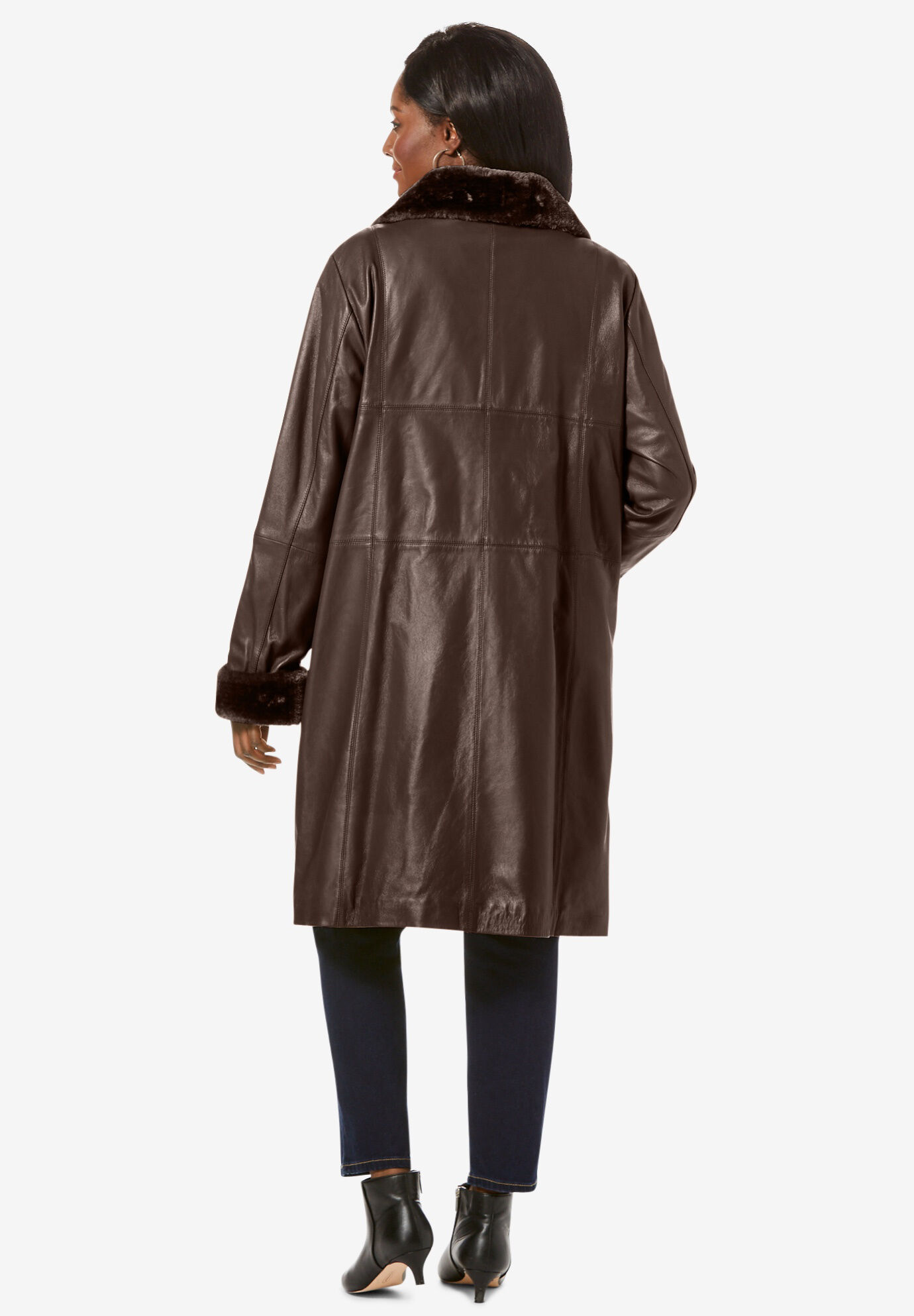 Fur-Trim Leather Swing Coat | Jessica London