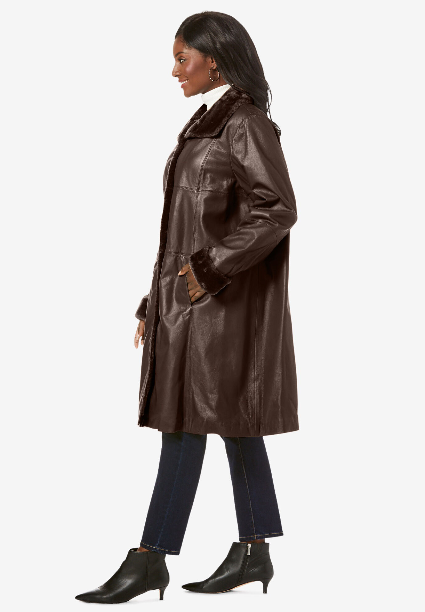 Fur-Trim Leather Swing Coat