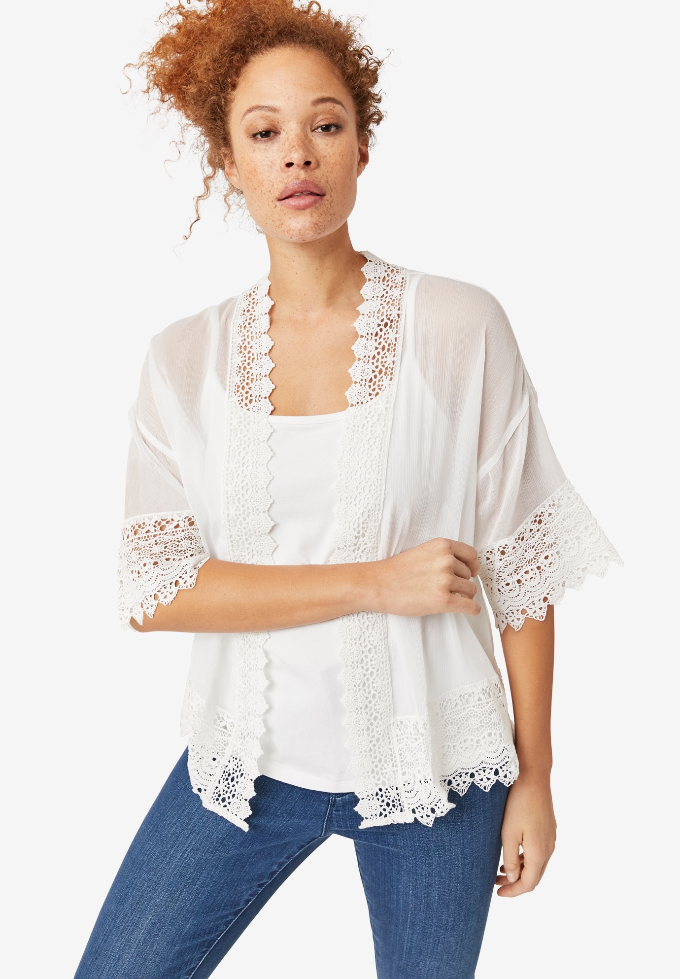 Sheer Lace Trim Kimono Cardigan by ellos®| Plus Size Cardigans ...